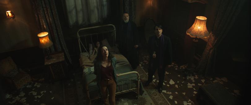 Henry (Peter DeSouza-Feighoney), Pater Gabriele Amorth (Russell Crowe), Pater Esquibel (Daniel Zovatto) and Julia (Alex Essoe) in Sony Pictures’ THE POPE’S EXORCIST.