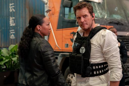 Kali Reis und Chris Pratt in MERCY von Amazon MGM Studios. Foto von: Justin Lubin © 2025 Amazon Content Services LLC. All Rights Reserved.